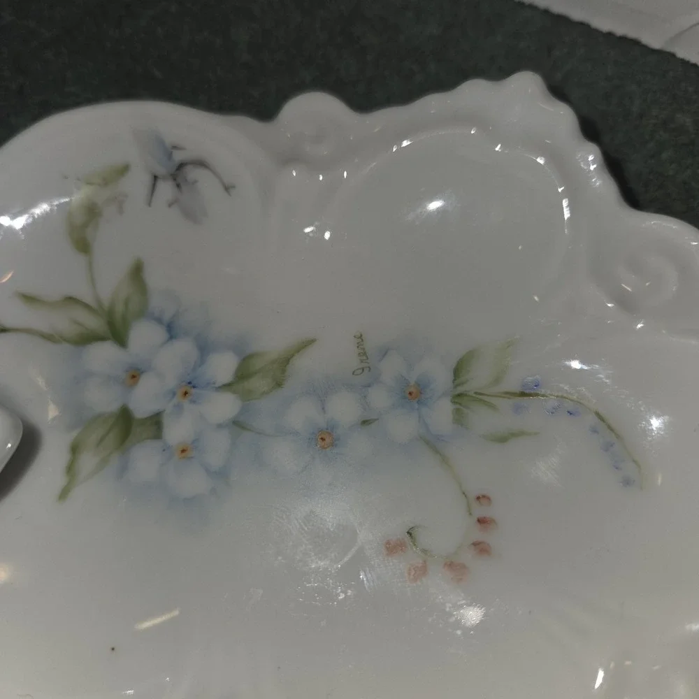 VTG Porcelain Hand Painted Blue Floral Handled Nappy/Trinket Tray Signed Irene